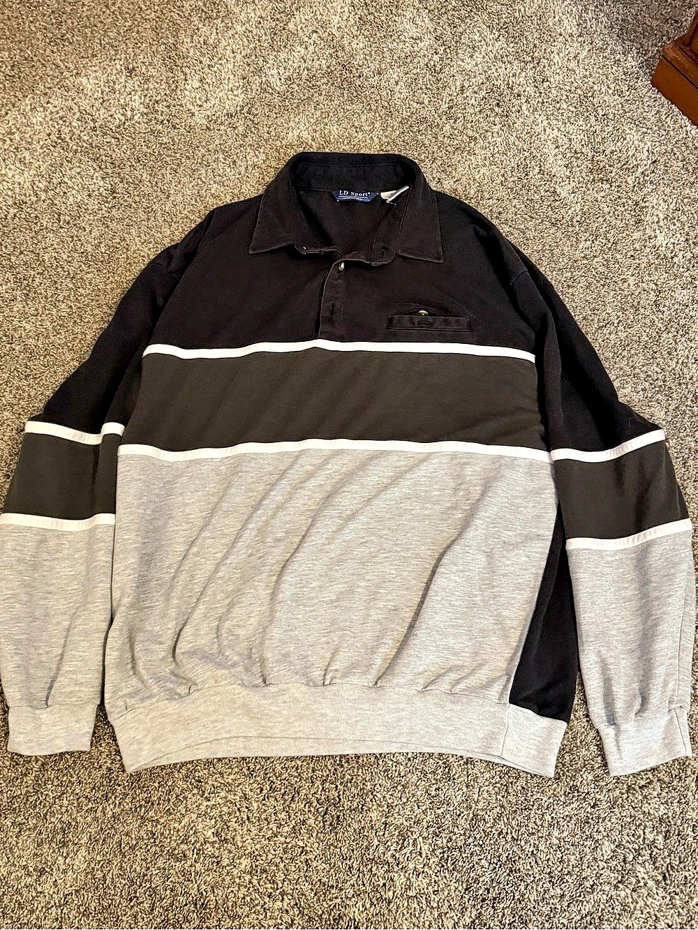 Vintage LD Sport Color Block Polo Sweatshirt Black Gray White XL Pullover